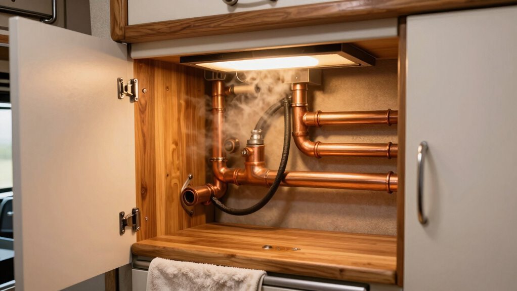 open cabinets warm pipes
